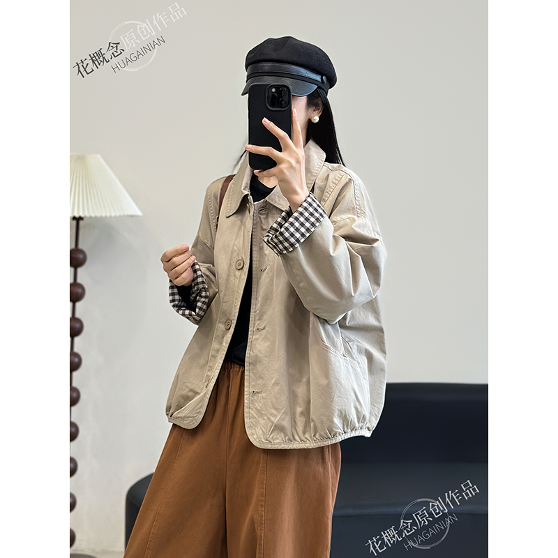 花概念春款翻领格子拼接外套休闲宽松原创设计短上衣显瘦百搭日系