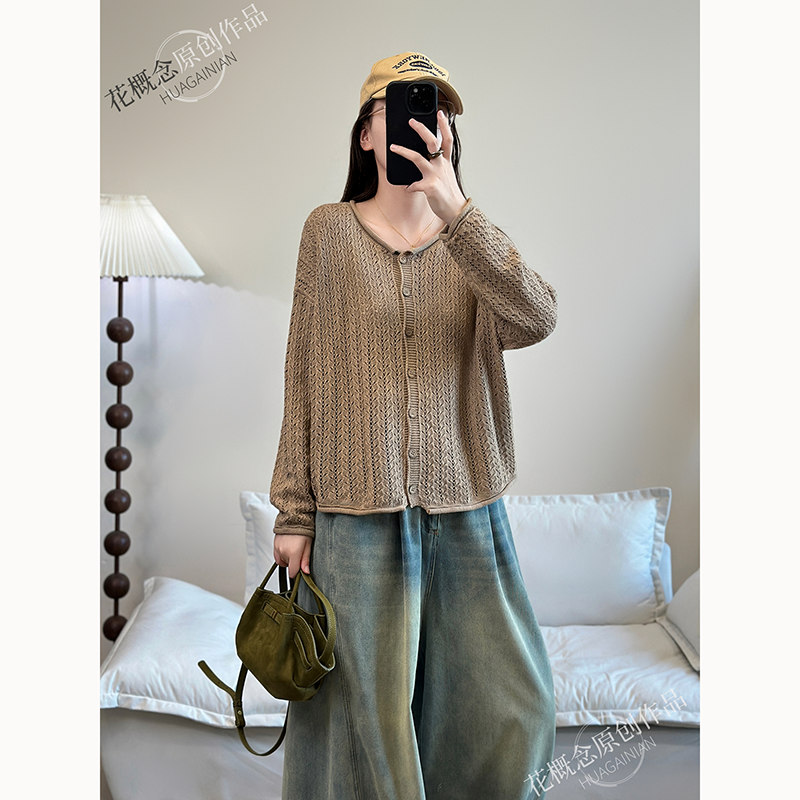 花概念秋季新款圆领镂空针织开衫