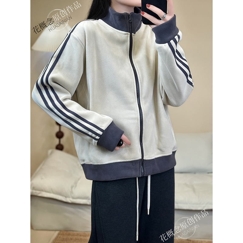 花概念双面澳绒加绒加厚立领外套宽松休闲秋冬户外运动棉服上衣女