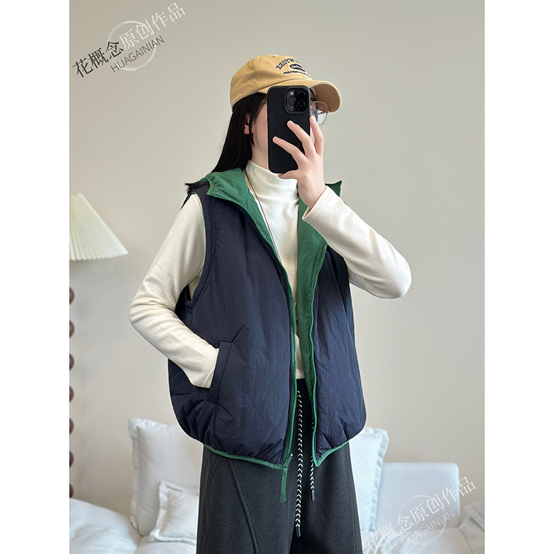 花概念秋冬新款时尚撞色夹棉双面穿马甲宽松洋气显瘦连帽坎肩上衣