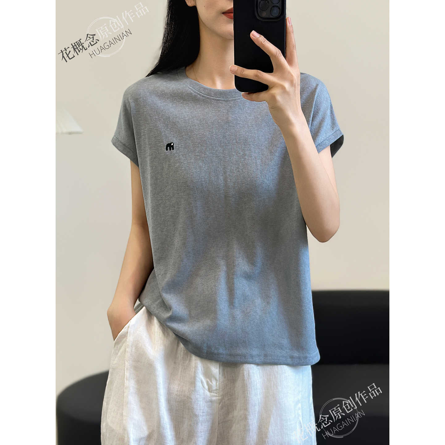 花概念极简风小象刺绣短袖T恤女夏季纯色圆领百搭气质麻感棉上衣
