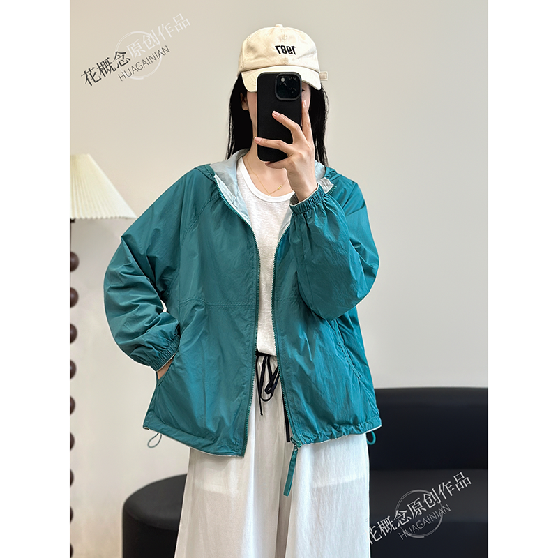 花概念两面穿棉质连帽短外套女宽松百搭显瘦夏季防晒衣休闲上衣
