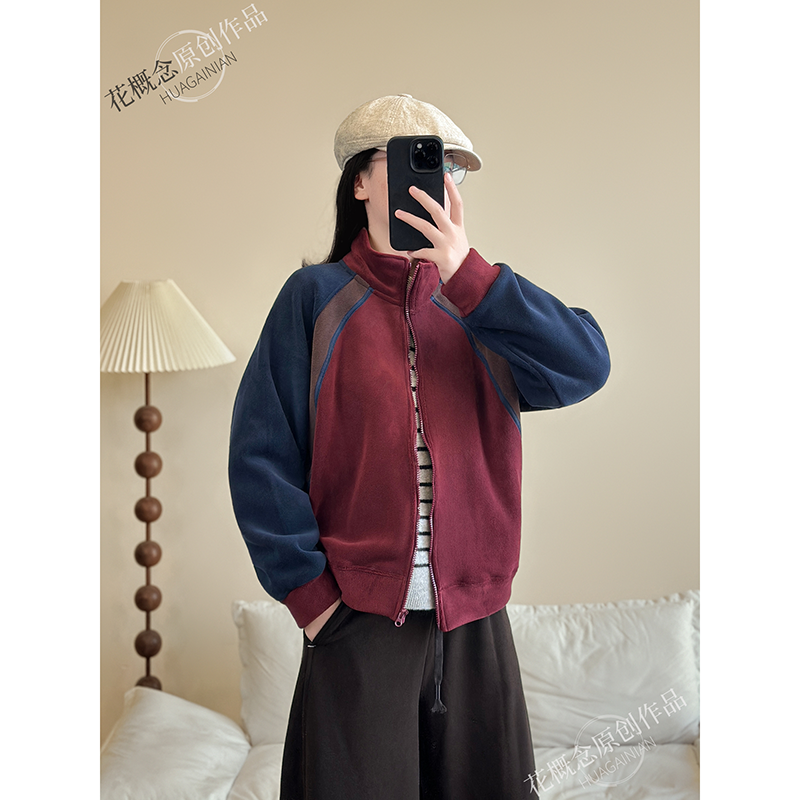 花概念高品质撞色双面澳绒开衫秋冬复古加厚防风拉链保暖绒衫外套