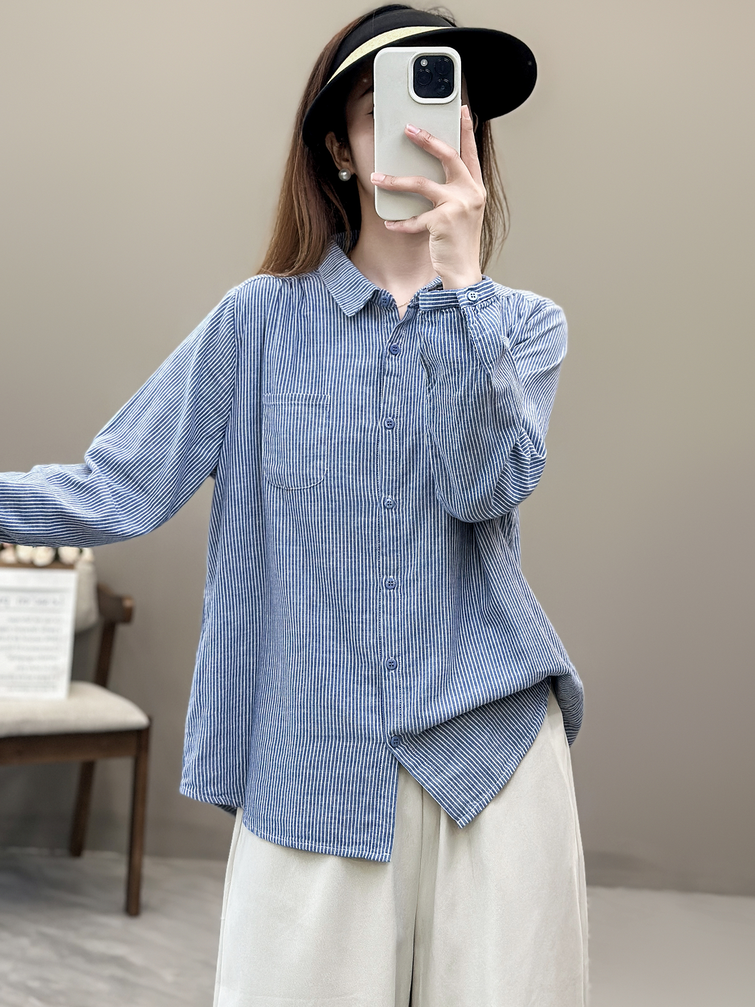 花概念复古英伦风条纹翻领棉纱长袖衬衫早秋百搭通勤休闲显瘦上衣