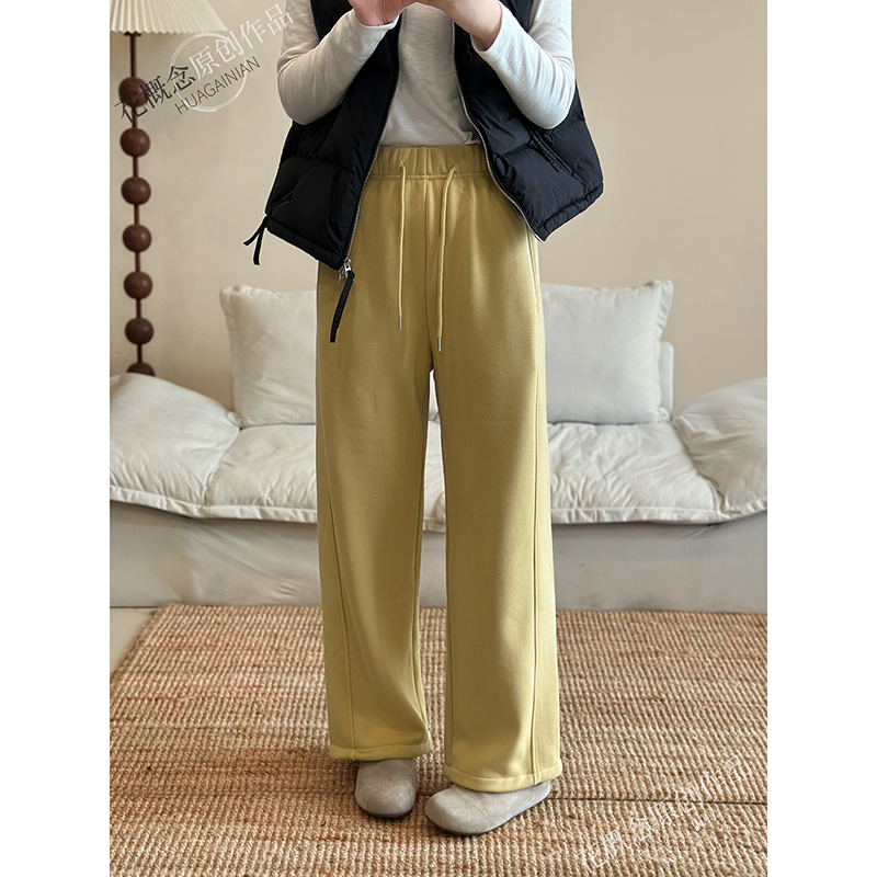 花概念秋冬新款高端货宽松加绒加厚松紧腰抽绳款休闲直筒卫裤