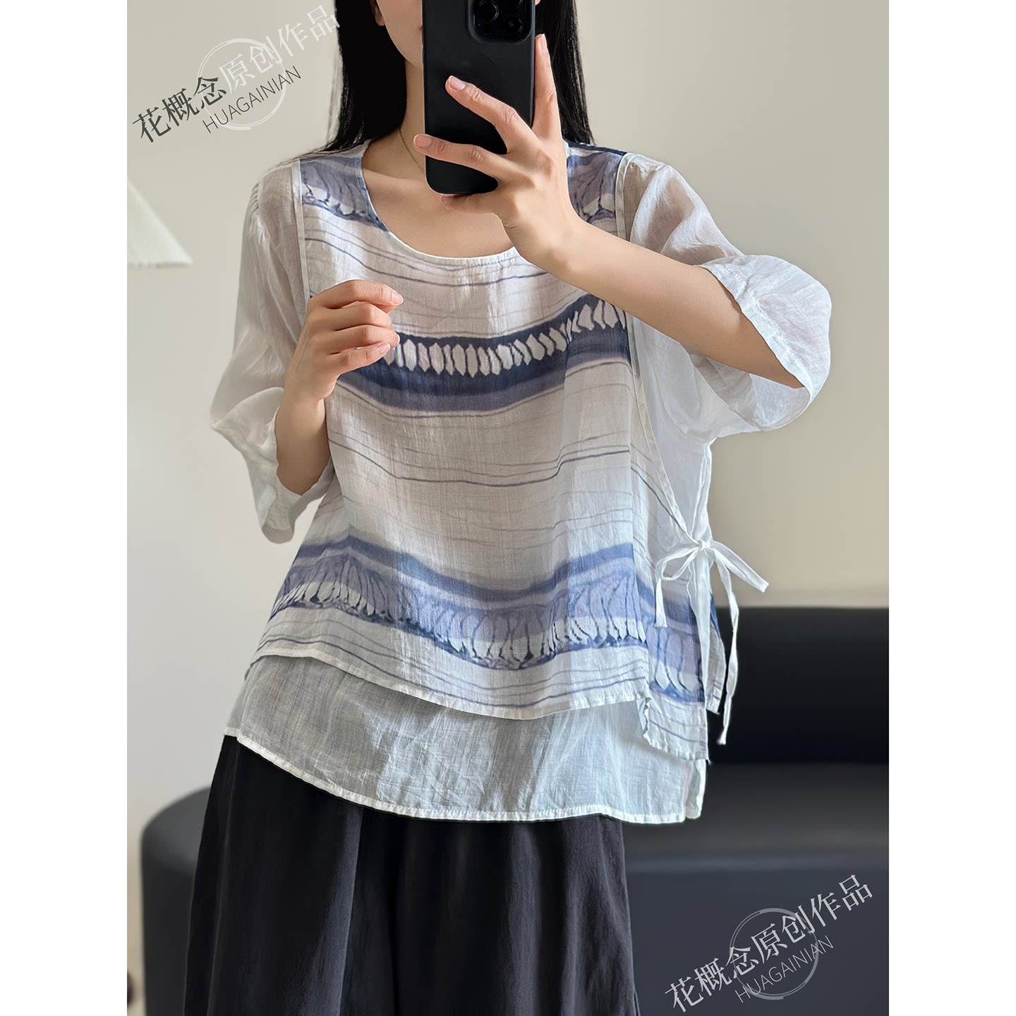 花概念复古风100%苎麻绑带假两件中袖衬衫女夏季慵懒感百搭上衣