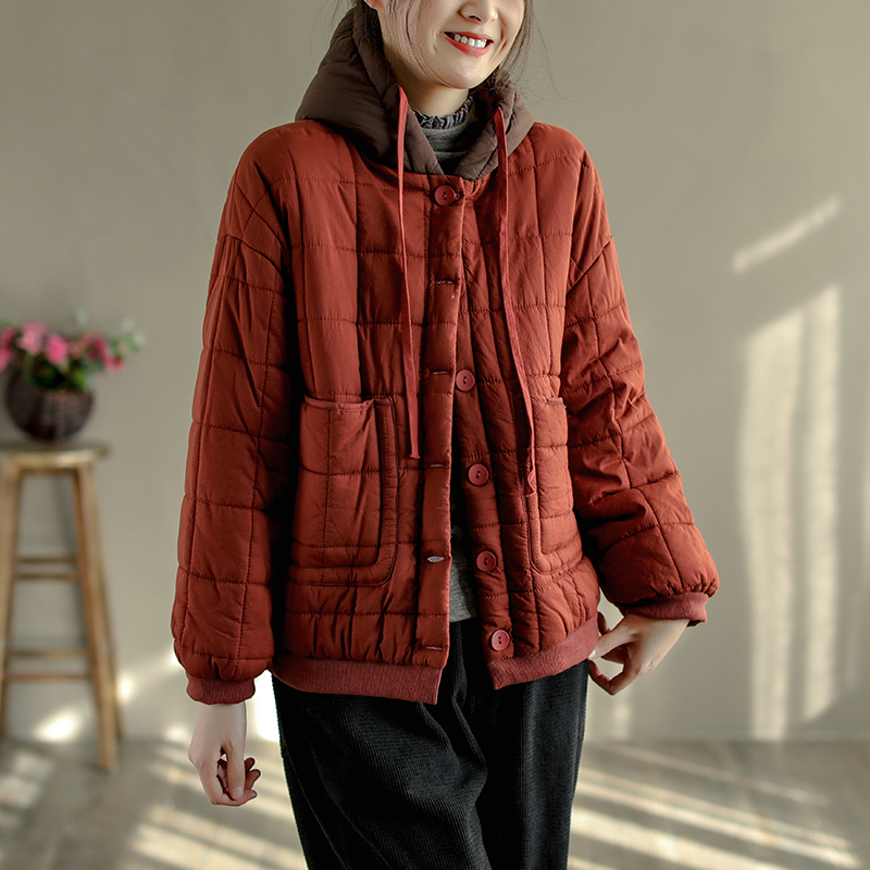 花概念冬季宽松文艺撞色连帽压格夹棉棉服外套女韩版休闲百搭棉袄