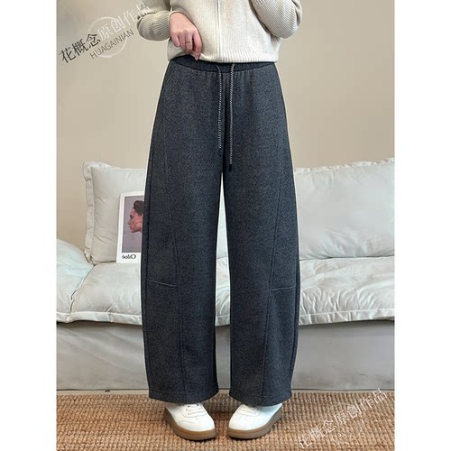 花概念高品质气球裤秋冬韩版慵懒风抽绳直筒裤加绒加厚显瘦弯刀裤