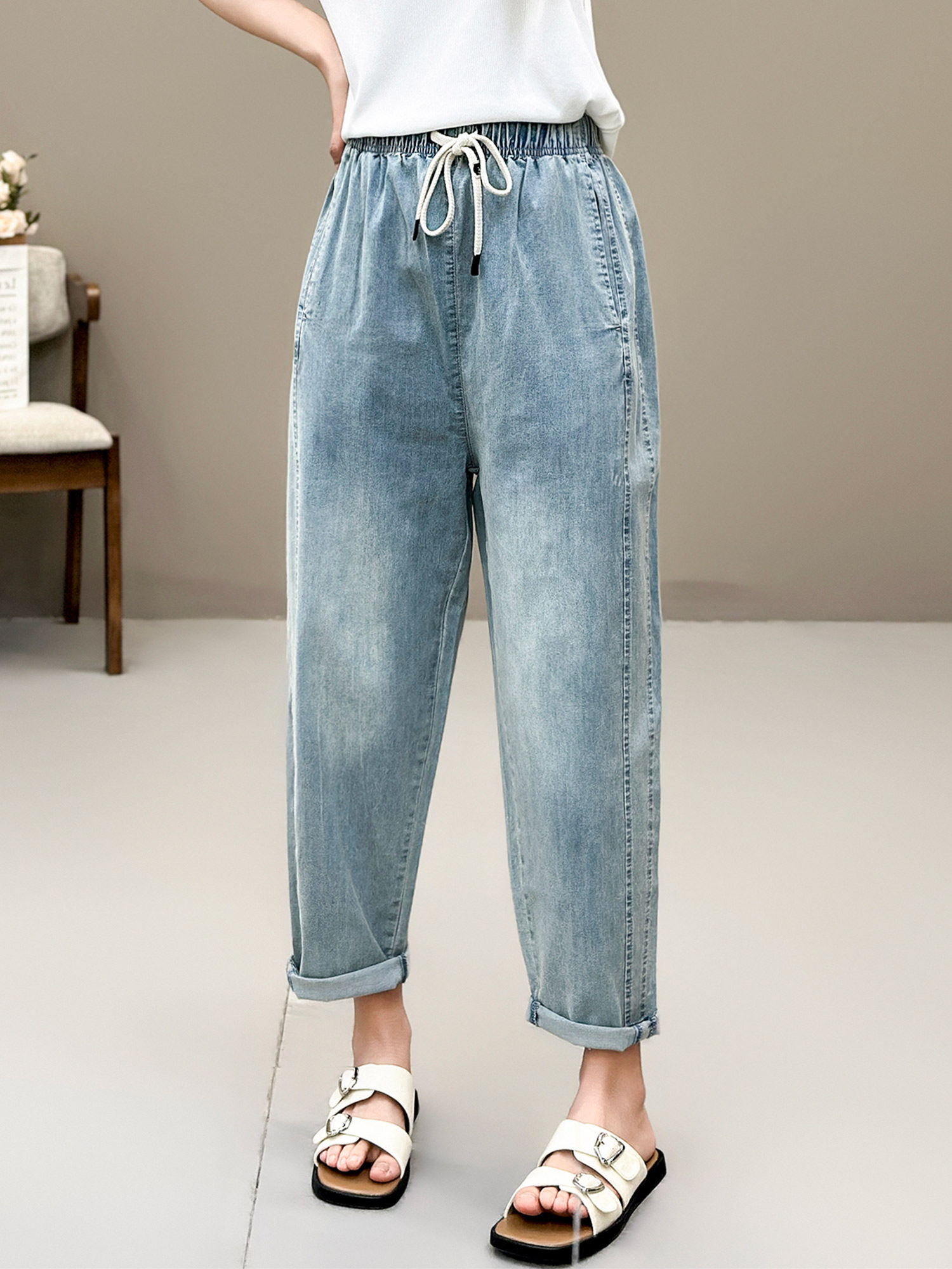 花概念夏季薄款简约时尚百搭牛仔裤长裤宽松休闲显瘦减龄哈伦裤女