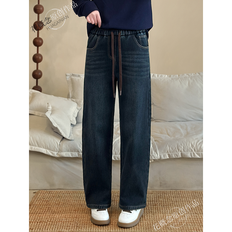 花概念冬季加绒窄版牛仔弯刀裤显瘦保暖加厚牛仔裤百搭显瘦显高裤