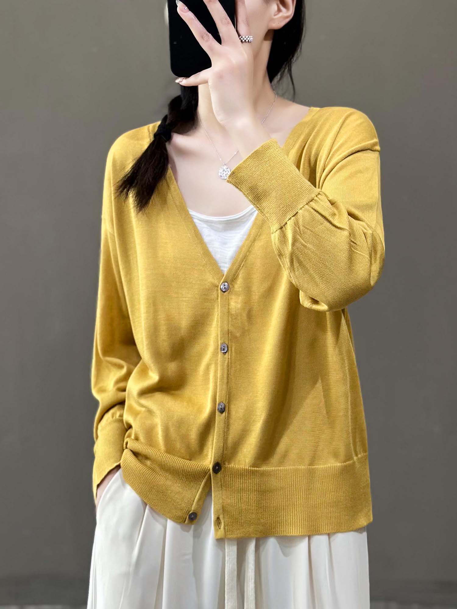 花概念夏季薄款v领针织开衫防晒服女气质时尚宽松显瘦麻料防晒衣