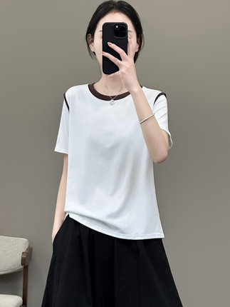花概念夏季撞色圆领短袖t恤衫女新款韩版休闲设计感百搭显瘦上衣
