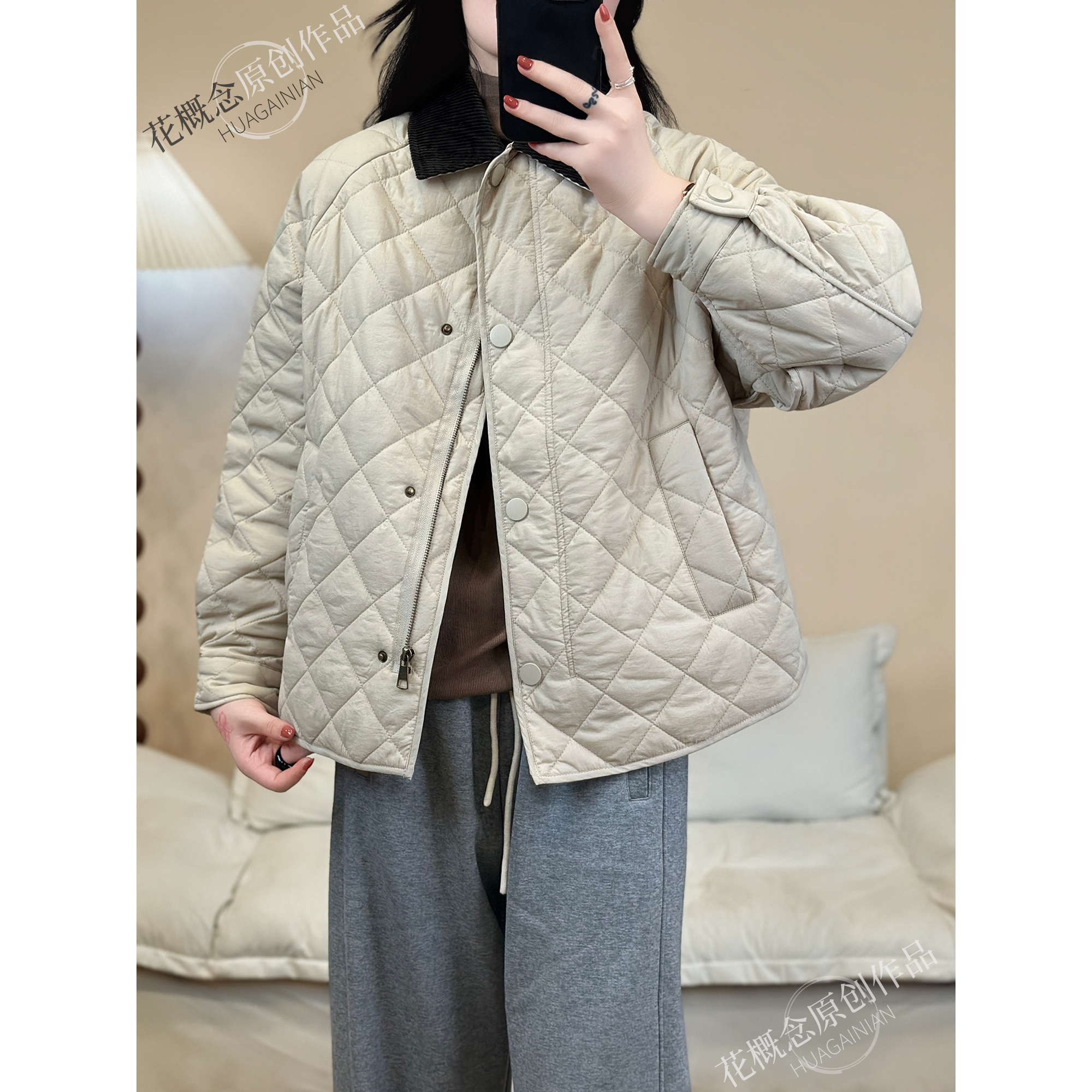 花概念翻领拼接菱形格款宽松休闲百搭简约夹棉外套