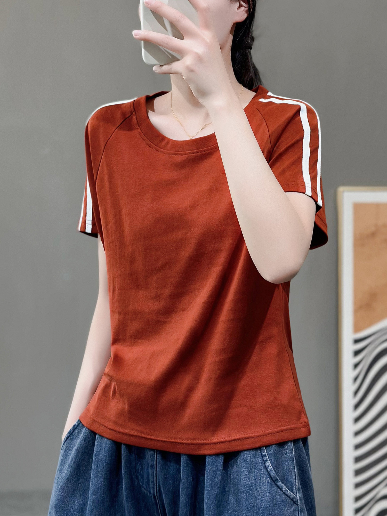 花概念弹力休闲短袖t恤女生夏季宽松显瘦棉质打底衫百搭纯色上衣