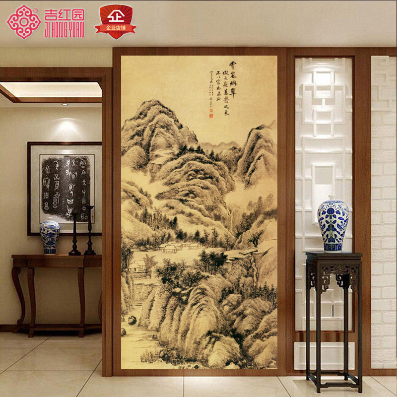 清代苏六朋东山报捷传世山水画玄关走廊背景无缝墙纸壁画壁布定制