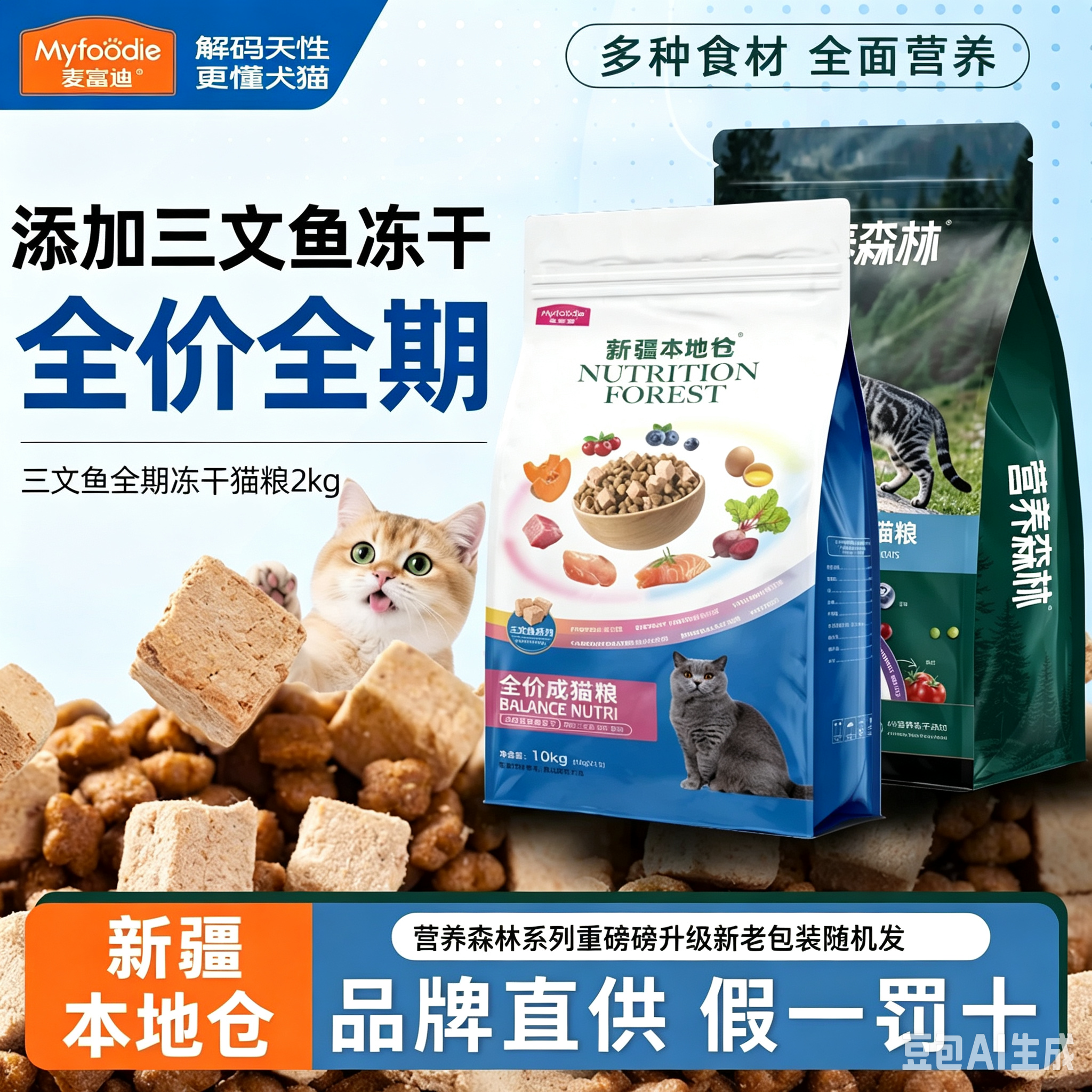 新疆包邮麦富迪三文鱼冻干双拼成猫粮2/10kg营养森林猫粮流浪猫