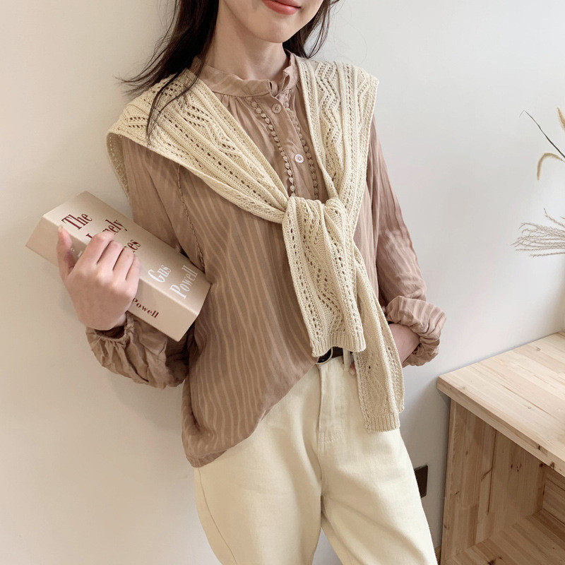 镂空针织小披肩女春秋韩版毛线打结搭肩假领外搭简约百搭装饰坎肩