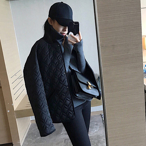 冬装轻薄大码棉衣女宽松廓形圆领开衫棉服慵懒风菱格百搭棉袄外套