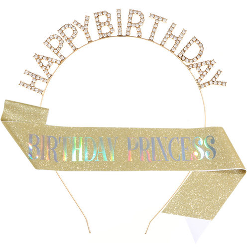 新款生日派对头饰腰带套装 公主皇冠金葱布BIRTHDAY PRINCESS肩带