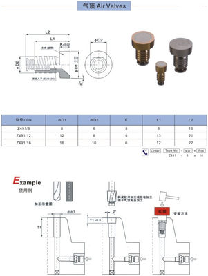 模具气顶气阀HASCO德标 Z491/8/6 Z491/12/8 Z491/16/10 铍铜气针