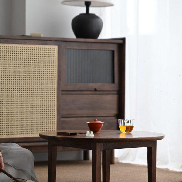 浮霞木坊黑胡桃木圆形全实木榻榻米茶空间小矮桌圆桌日式复古茶几