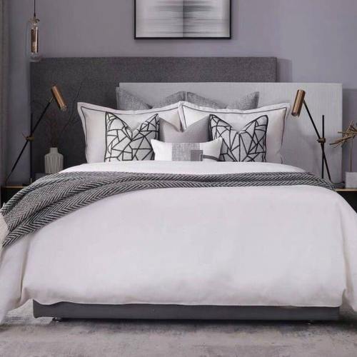 轻奢样板房现代简约棉麻浅灰白黑调样板房十一件套床品