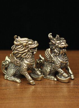 迷你黄铜元宝招财麒麟一对摆件中式复古风纯铜桌面小工艺礼品摆件