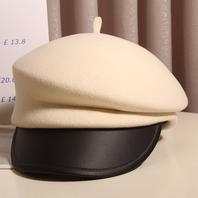 日系复古羊毛呢画家帽女秋冬挺括贝雷帽英伦百搭报童帽皮沿马术帽