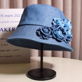 春夏日系复古花朵牛仔蓝山茶花渔夫帽女显脸小防晒水桶帽遮阳盆帽