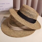 夏天镂空透气平檐草帽出游度假拍照礼帽复古法式 时尚 咸草编遮阳帽