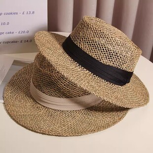 夏天镂空透气平檐草帽出游度假拍照礼帽复古法式时尚咸草编遮阳帽