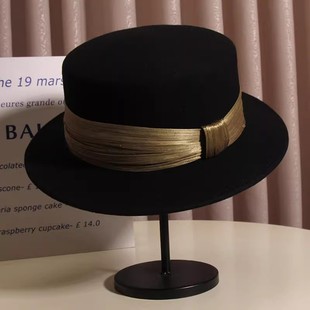 法式羊毛呢平檐礼帽女士秋冬高档真丝麻平顶帽子英伦复古爵士帽潮