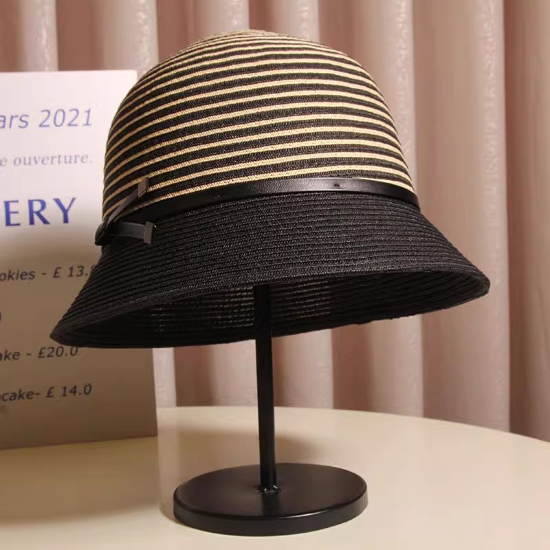 复古日系条纹小沿草帽女夏季旅游遮阳渔夫帽出游度假可折叠沙滩帽