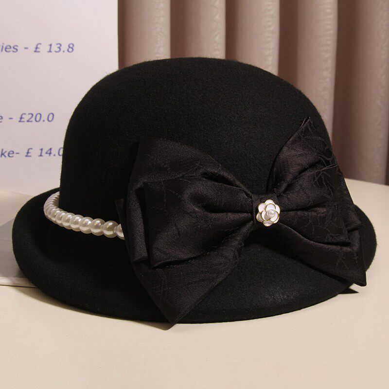 法式赫本风珍珠蝴蝶结羊毛呢贝雷帽女秋冬轻奢复古英伦卷边小礼帽