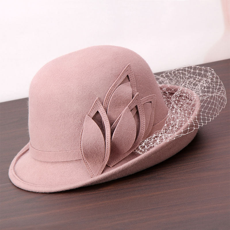 帽子女秋冬韩版时尚复古优雅羊毛呢卷边网纱花朵礼帽保暖渔夫帽潮