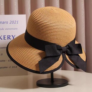 新款后开叉蝴蝶结包边草帽女夏季防晒遮阳帽度假优雅太阳帽渔夫帽