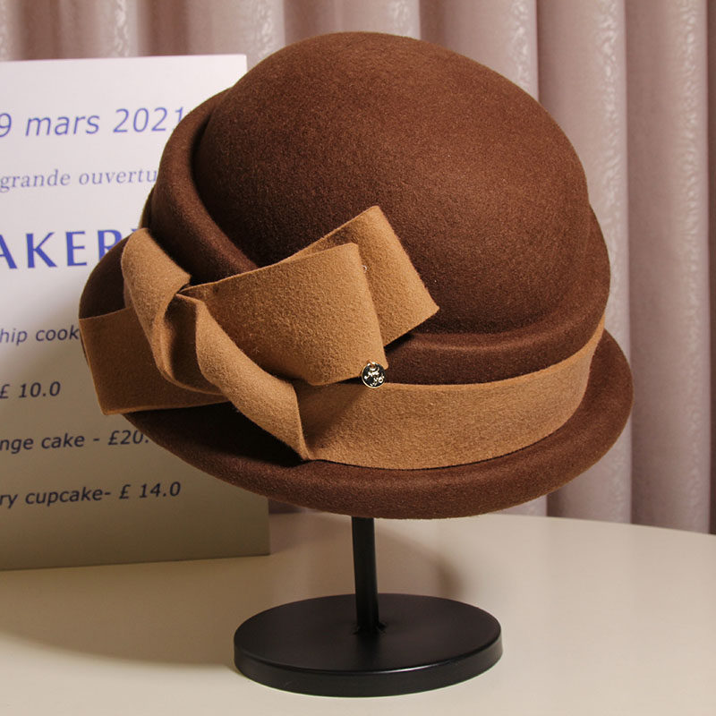 赫本风高级灰色羊毛蝴蝶结渔夫帽女秋冬新款时尚优雅千金礼帽