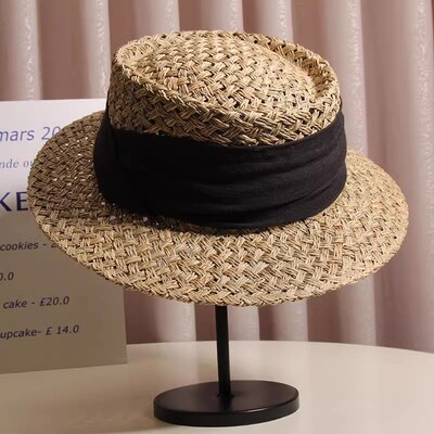 日系法式复古咸海草编织平顶小礼帽男女夏遮阳度假沙滩巴拿马草帽