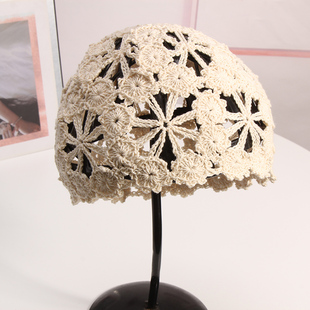 钩花帽子女春夏薄款蕾丝花朵镂空手工针织瓜皮头巾帽包头帽毛线帽