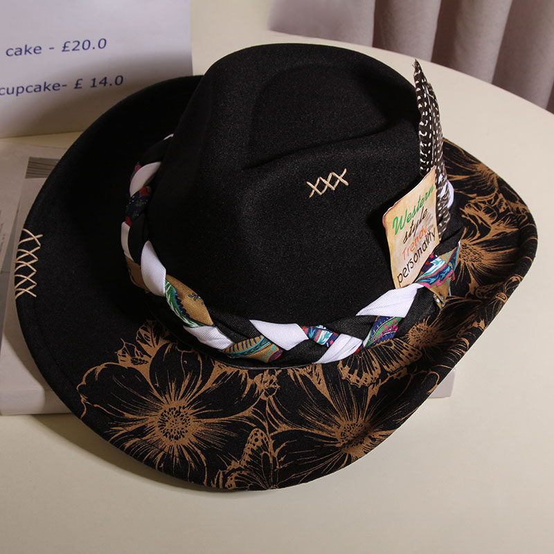 欧美风织带牛仔帽子女款2025新款时尚个性毛呢礼帽百搭爵士帽男士