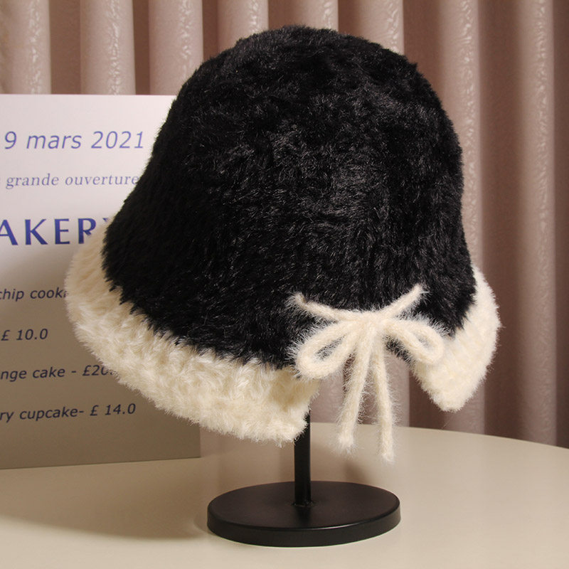 拼色蝴蝶结渔夫帽女秋冬季韩版百搭显脸小保暖盆帽大头围毛绒帽子