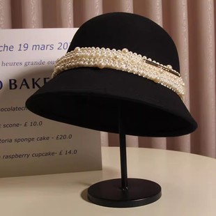 赫本风法式帽子女秋冬羊毛呢帽高档白色礼帽复古英伦时尚百搭盆帽