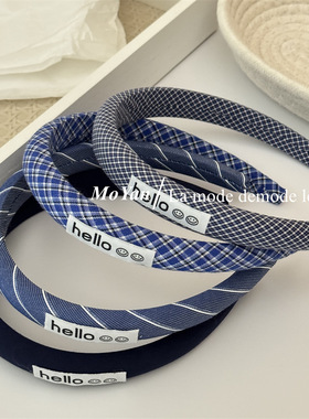 春夏新款藏蓝色系字母标发箍女感气质高颅顶细款海绵头箍百搭发卡