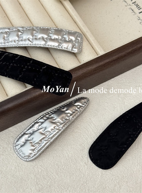 韩版银色菱格皮发夹黑色BB夹网红发卡气质刘海边夹后脑勺碎发夹子