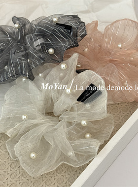 慵懒气质网纱钉珍珠大肠发圈银丝条纹扎头绳简约气质马尾发绳头花