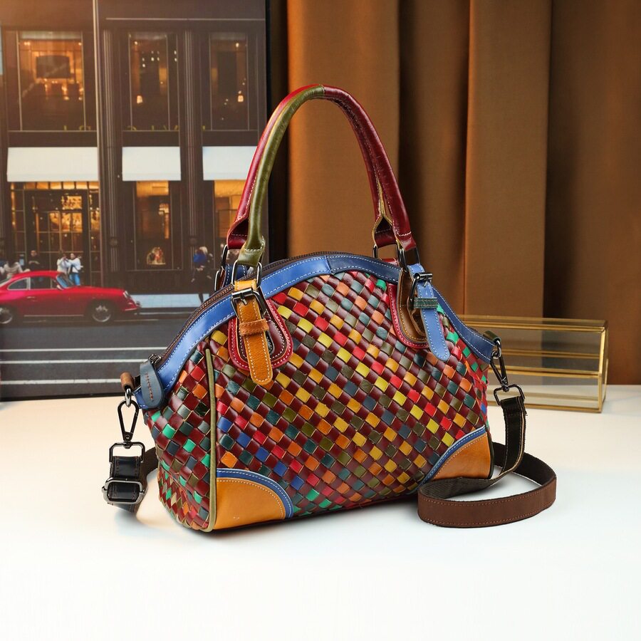 时尚百搭外贸手工编织真皮单肩斜挎大容量女士贝壳手提包