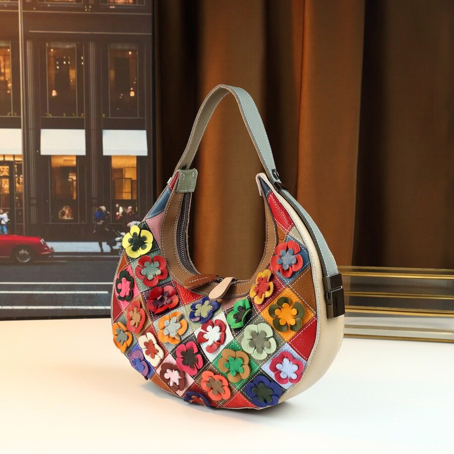 跨境欧美女手工穿花真皮彩色花朵拼色手提单肩斜挎女包