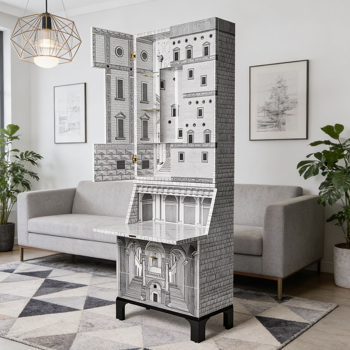 意式轻奢建筑手绘酒柜客厅隔断柜设计师艺术玄关展示柜创意高柜