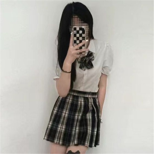 黑板报jk制服狗短格裙学生套装 半身裙两件套女 夏季 收腰绑带衬衫
