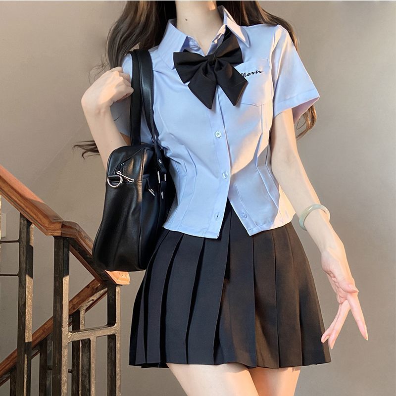 爆款原创jk制服衬衫甜辣小众蓝色上衣夏季短袖修身收腰衬衣套装
